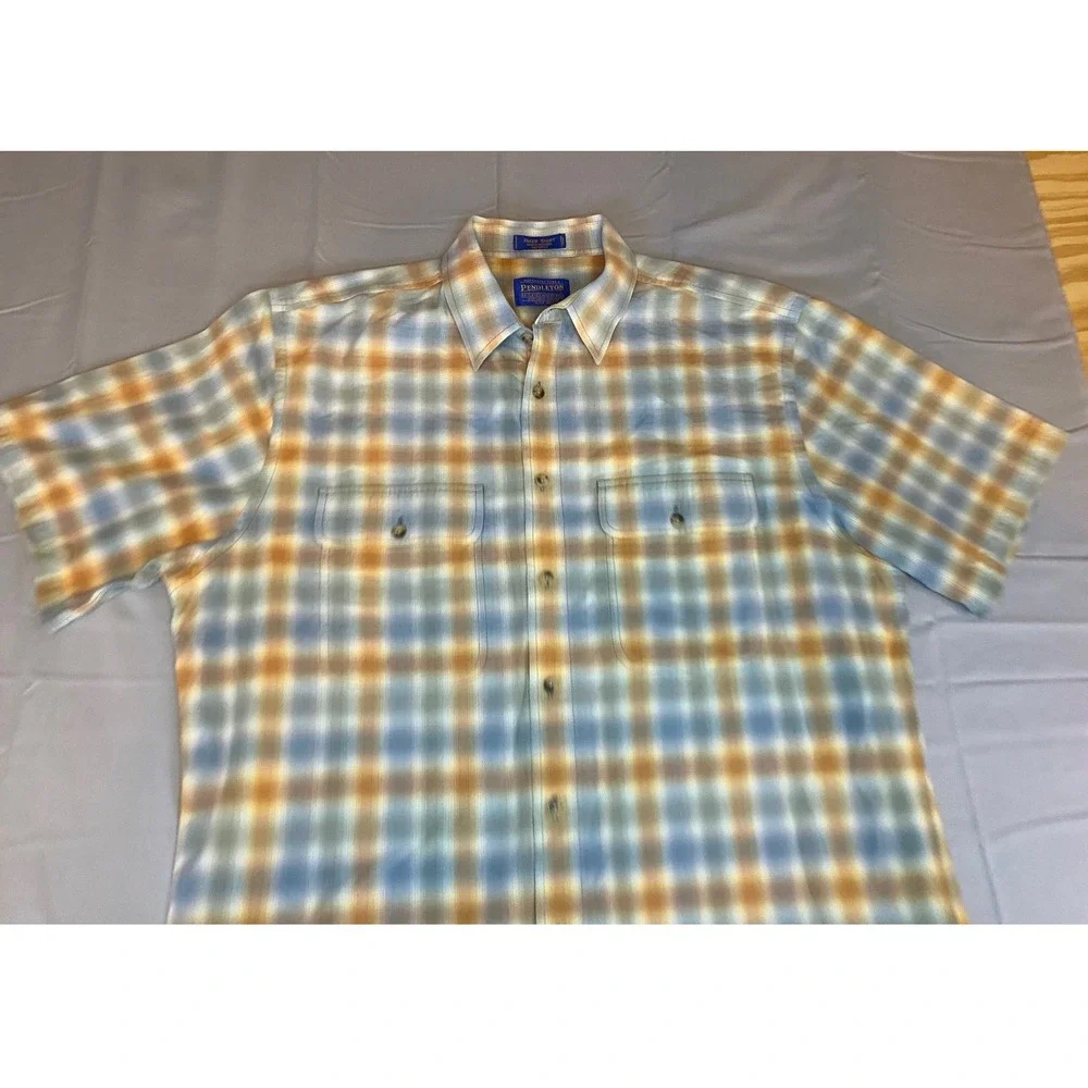 Pendleton Hiker Shirt Mens Large Blue Orange Plaid Excellent Short Sleeve Cotton